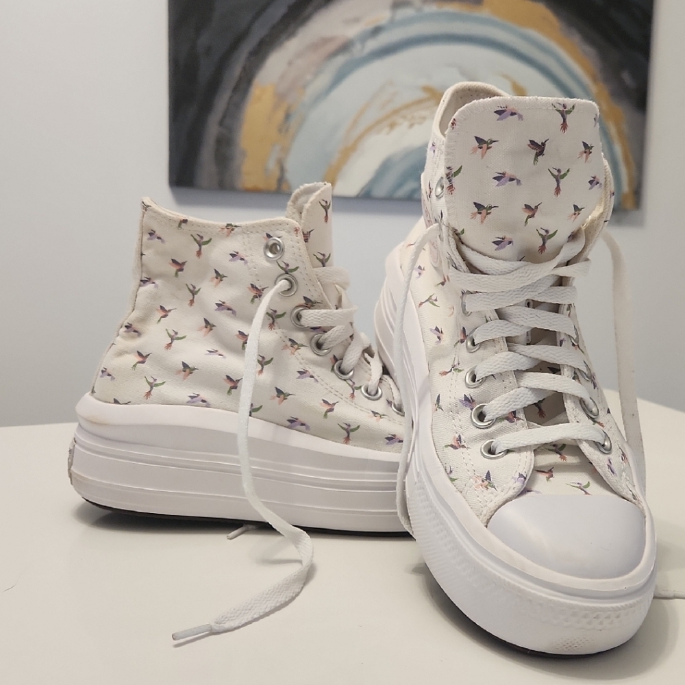 Converse White High-Top Sneakers with Bird Pattern